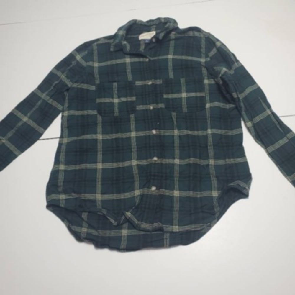 Universal Thread Womens Button Up Shirt Teal Plaid Long Sleeve Pocket Cotton XS